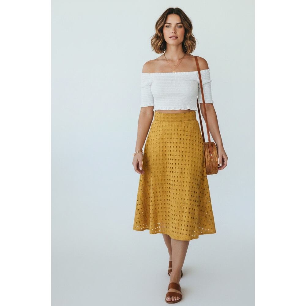 H&M Mustard Yellow Eyelet Broderie A-Line Midi Skirt Size 8 - Picture 2 of 7